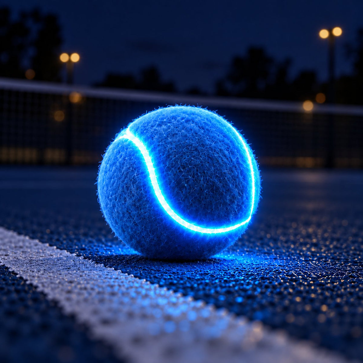 Blue LED tennis ball with a glowing seam