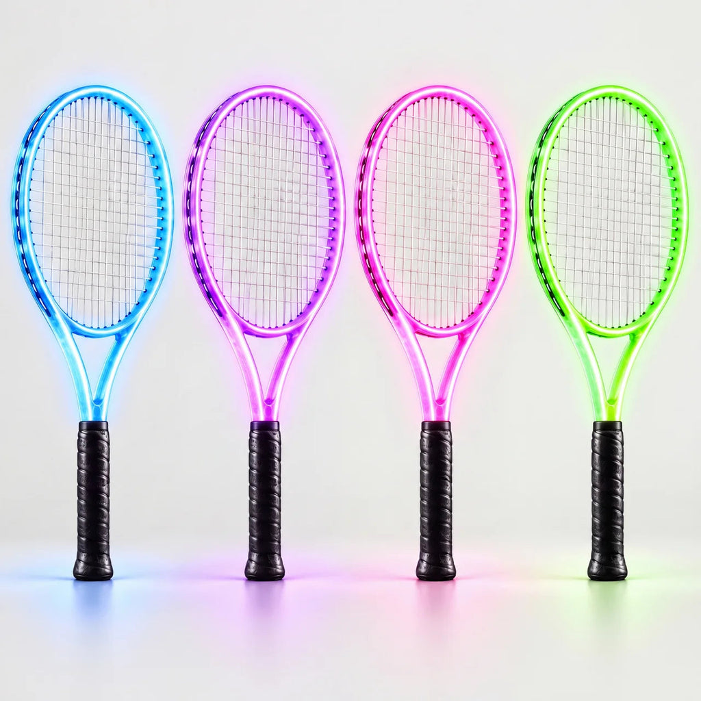 Four LED tennis rackets lit in blue, purple, pink and green on a light background