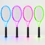 Four LED tennis rackets lit in blue, purple, pink and green on a light background