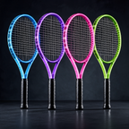 Four LED tennis rackets glowing blue, purple, pink and green in the dark
