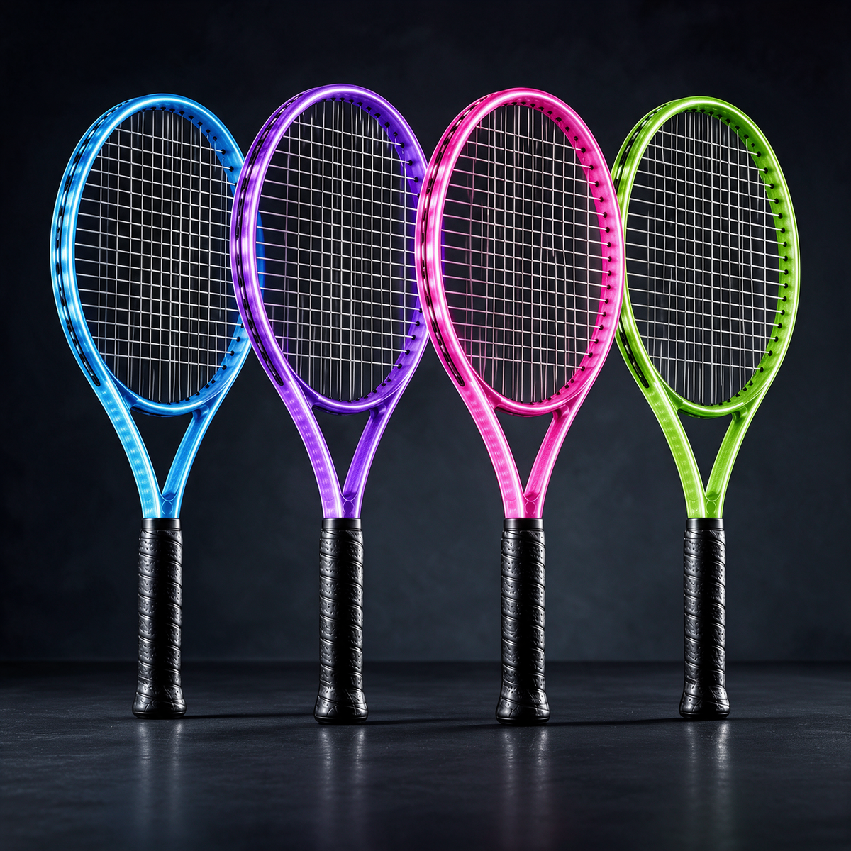 Four LED tennis rackets glowing blue, purple, pink and green in the dark