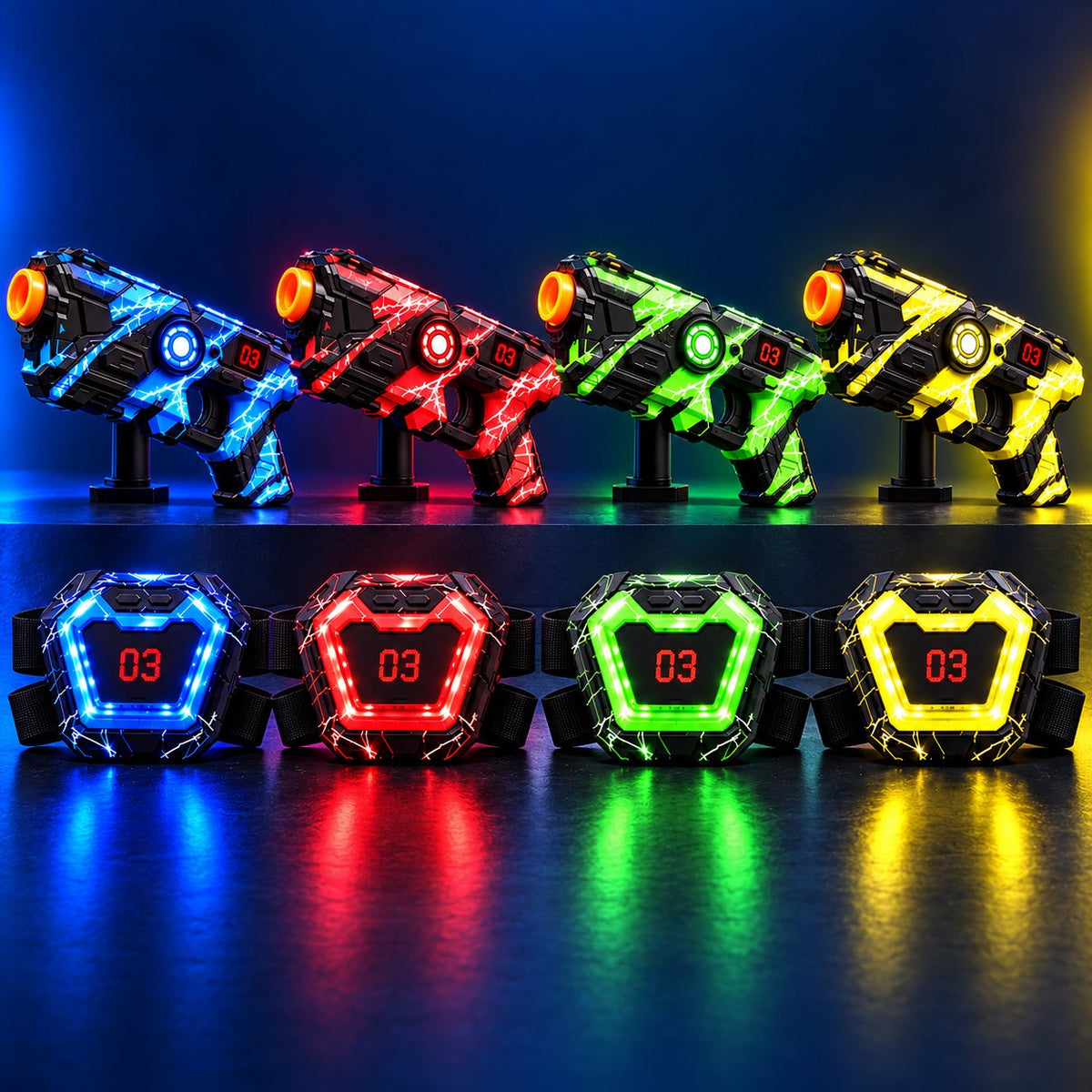 Solis Nova — four light-up laser tag blasters and four digital chest targets
