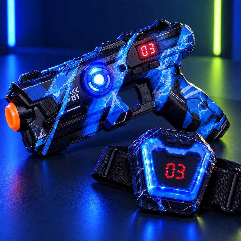 Solis Nova — blue laser tag blaster and chest target lit up