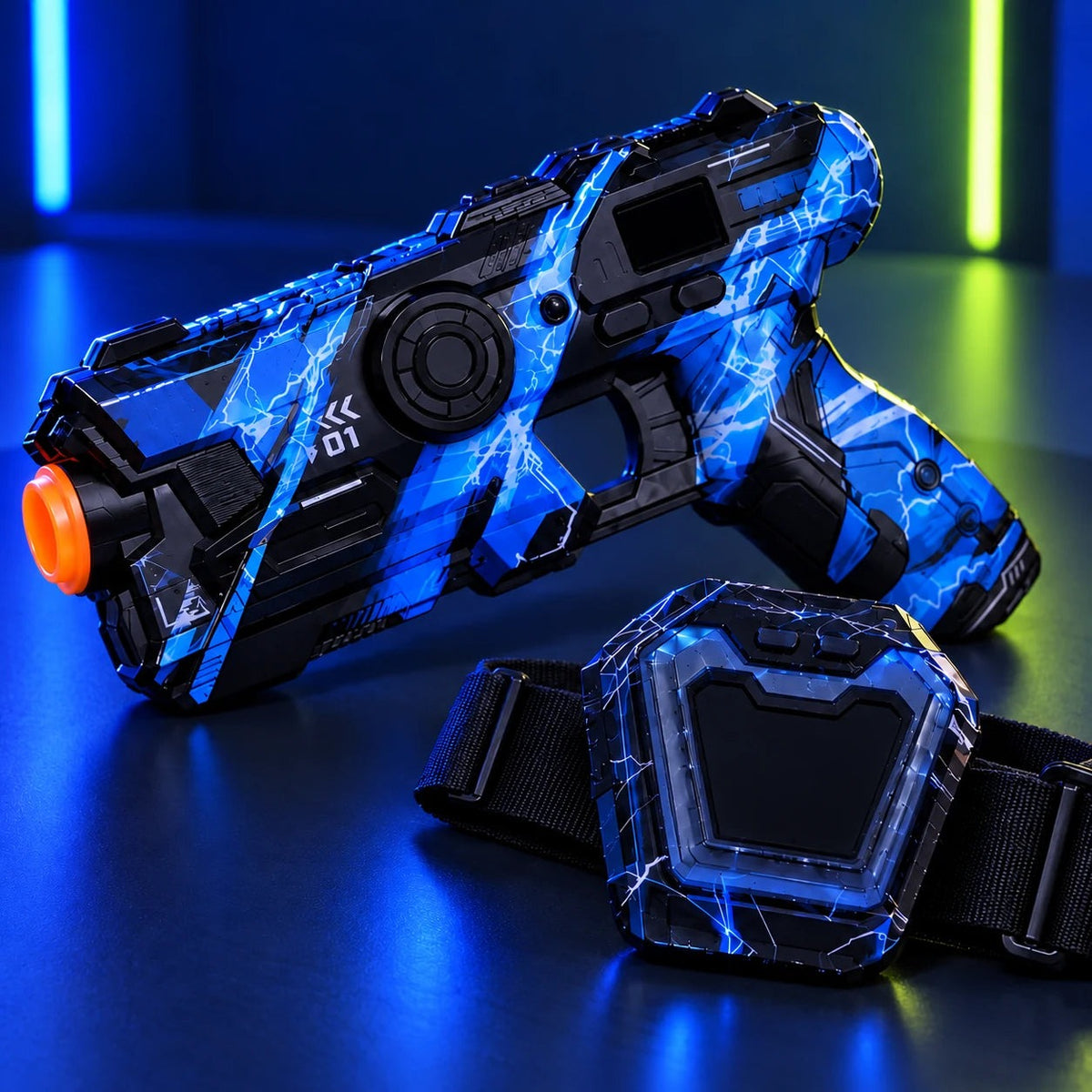 Solis Nova — blue blaster and chest target with the lights off