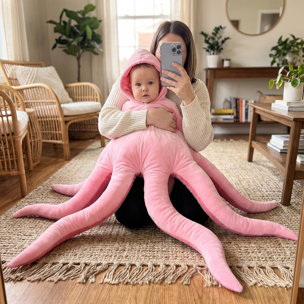 A parent holding a baby in the pink Solis Octo Costume