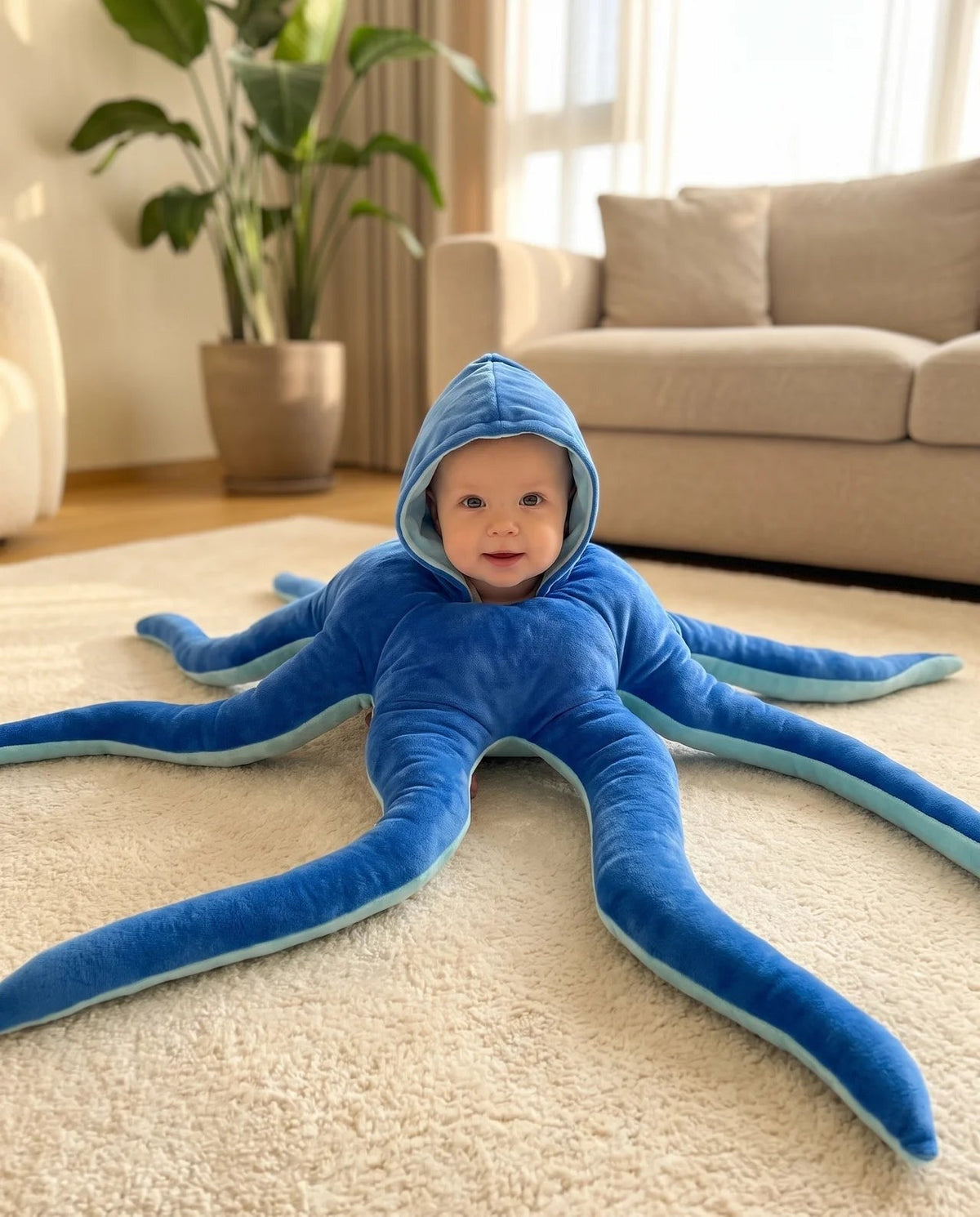Solis Octo Costume — Blue: a baby in the hood with the arms spread on a rug
