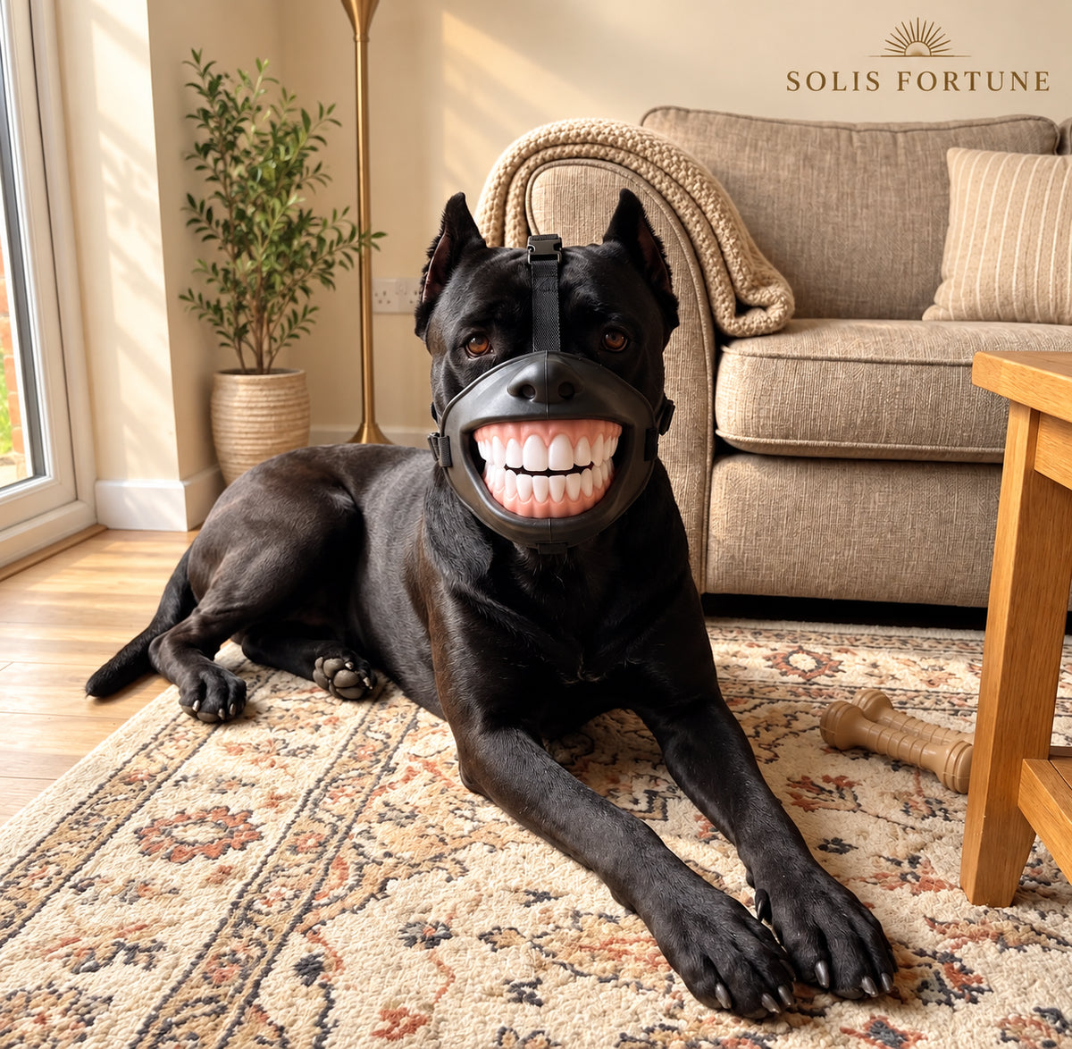 Solis Pawgrin — black dog lying on a rug wearing the funny teeth mask