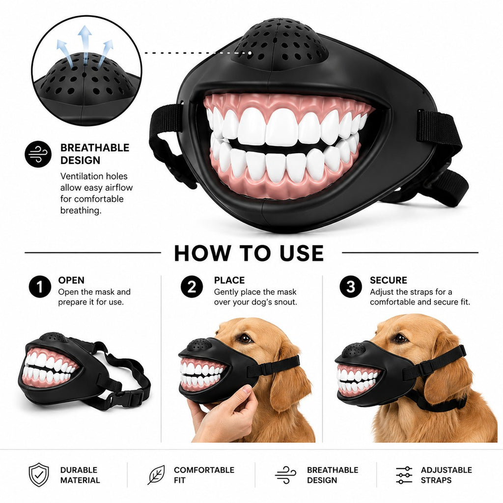 Solis Pawgrin — how to use: open, place over the snout, secure the straps; breathing vents on top