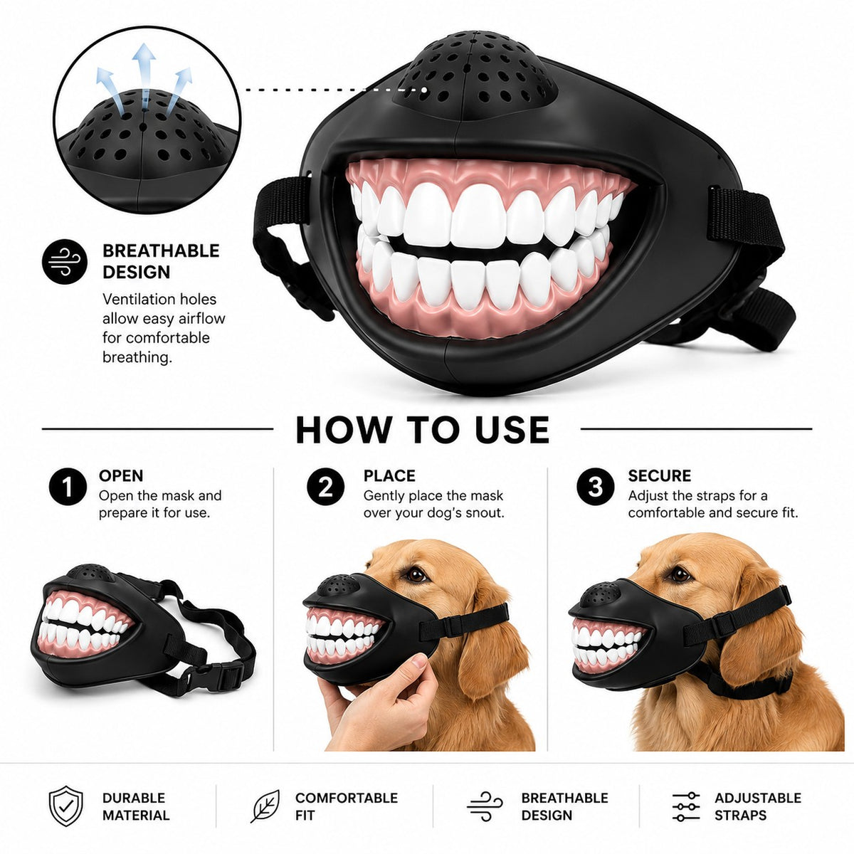 Solis Pawgrin — how to use: open, place over the snout, secure the straps; breathing vents on top