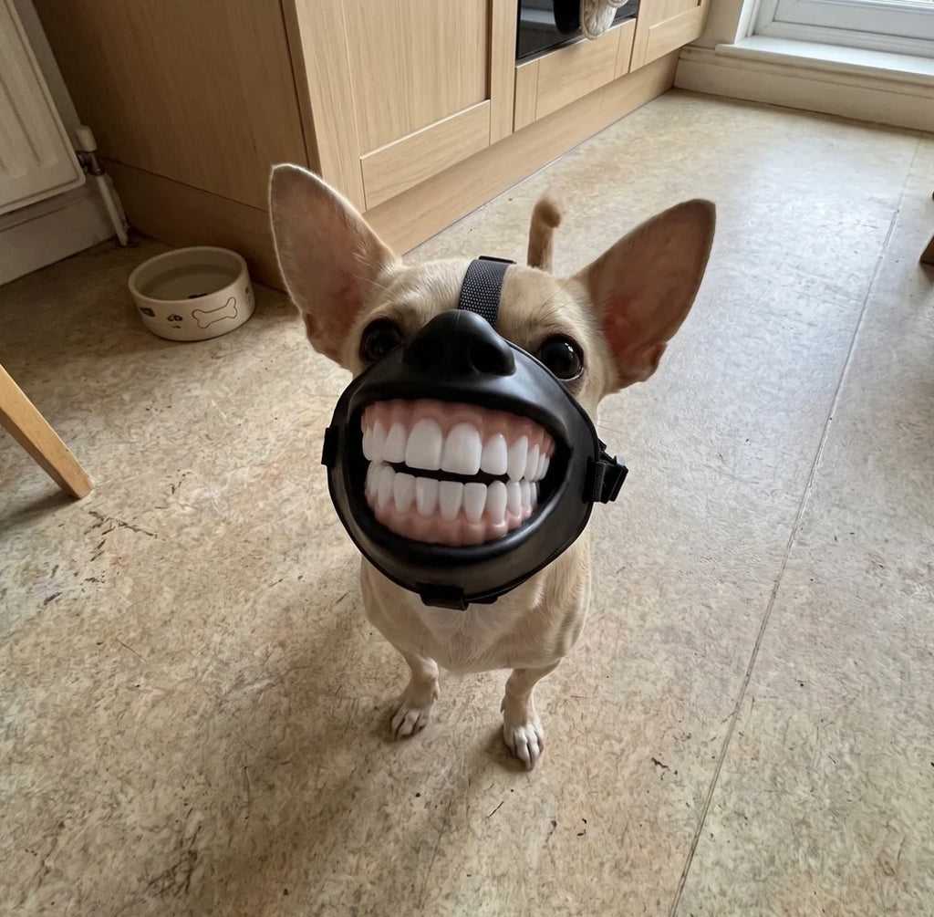 Solis Pawgrin — chihuahua mix grinning in the dog teeth mask