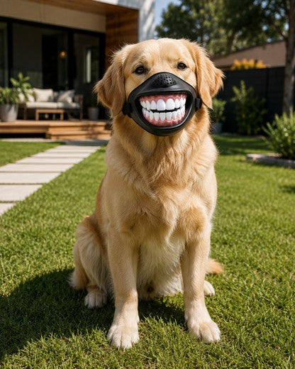 Solis Pawgrin — golden retriever with a huge toothy grin mask