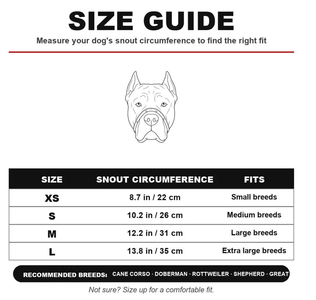 Solis Pawgrin — size guide: snout circumference XS 22 cm, S 26 cm, M 31 cm, L 35 cm