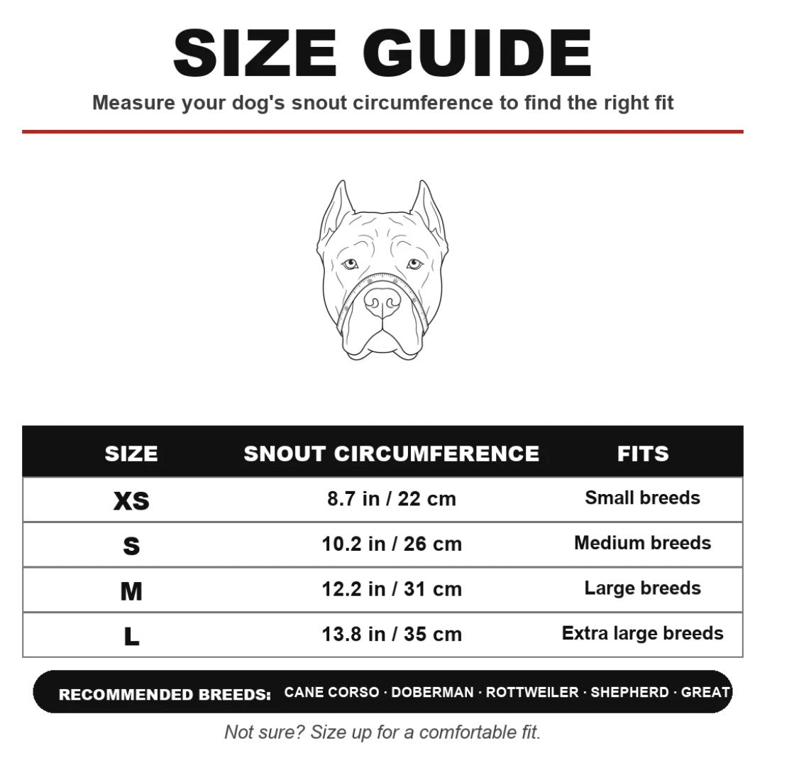 Solis Pawgrin — size guide: snout circumference XS 22 cm, S 26 cm, M 31 cm, L 35 cm