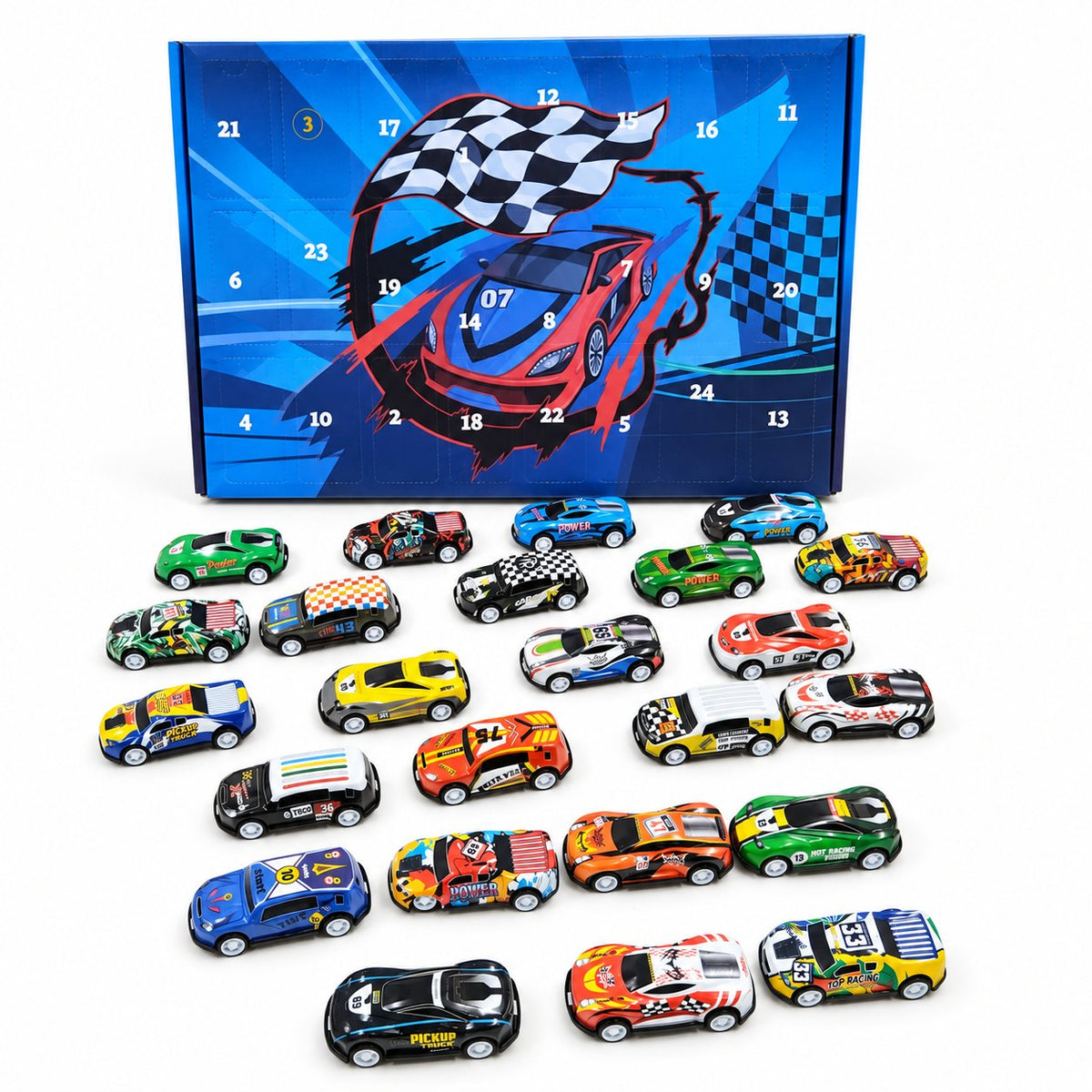 Pull-Back Race Cars Advent Calendar — Solis Pit Stop, full set