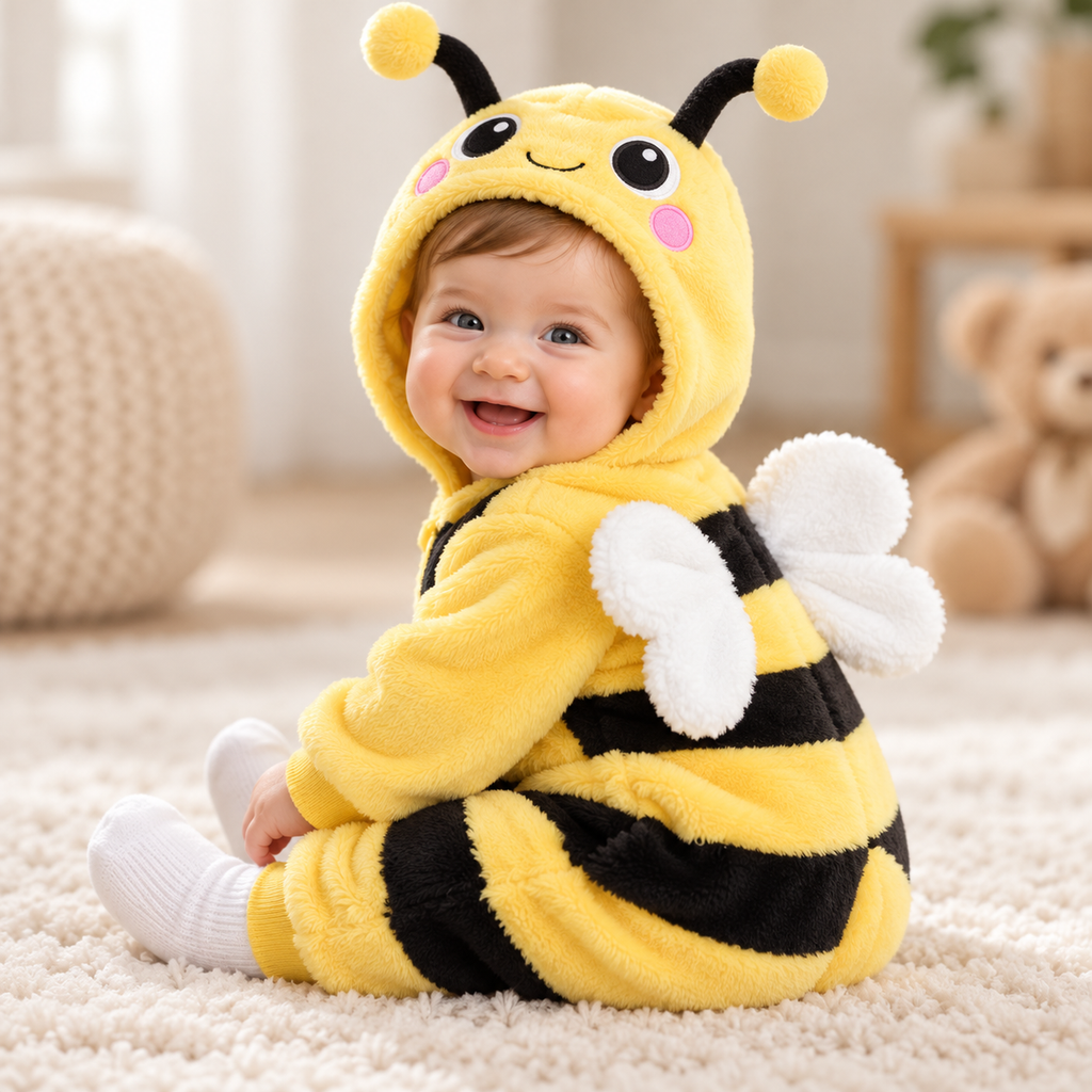 Solis Plushie Romper Bee — baby smiling in the bee romper on a rug