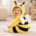 Solis Plushie Romper Bee — baby smiling in the bee romper on a rug