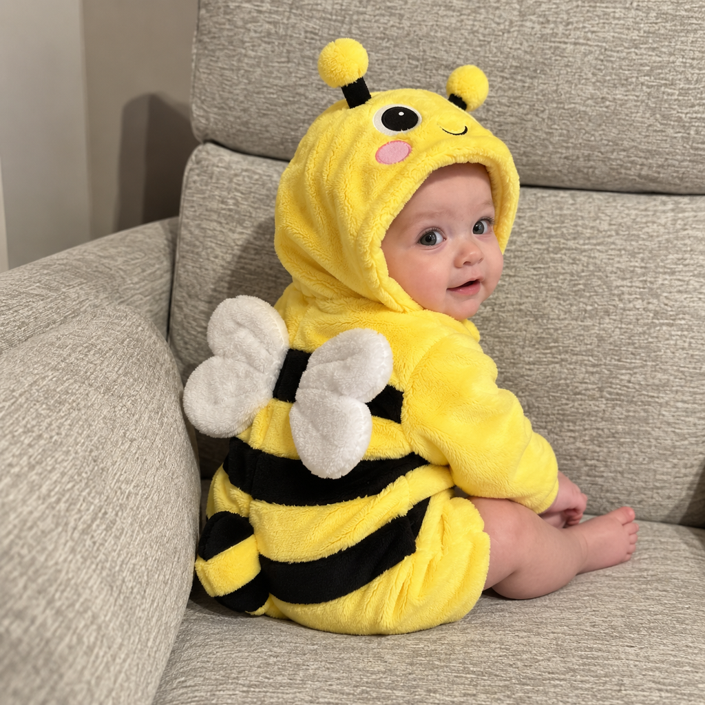Solis Plushie Romper Bee — baby sitting on the sofa in the bee romper