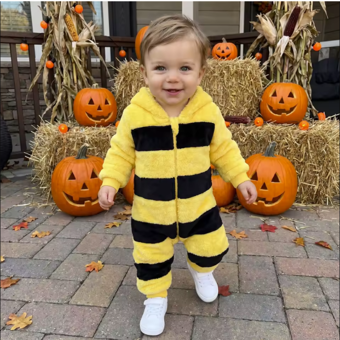 Baby bee costume – bumble bee plush hooded baby onesie — toddler in the bee romper at a pumpkin patch