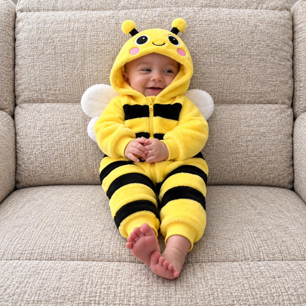 Solis Plushie Romper Bee — bee romper with wings, front view on a baby