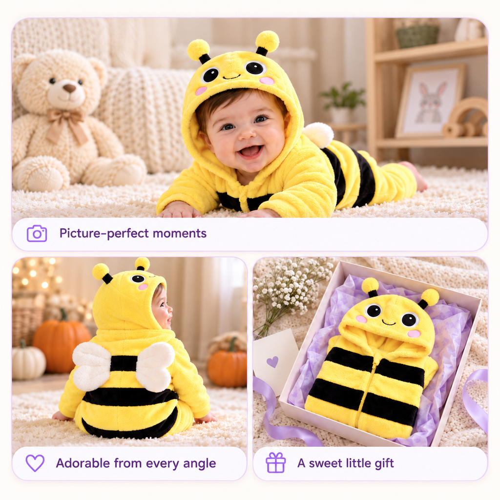 Baby bee costume – bumble bee plush hooded baby onesie — bee romper photo moments and gift