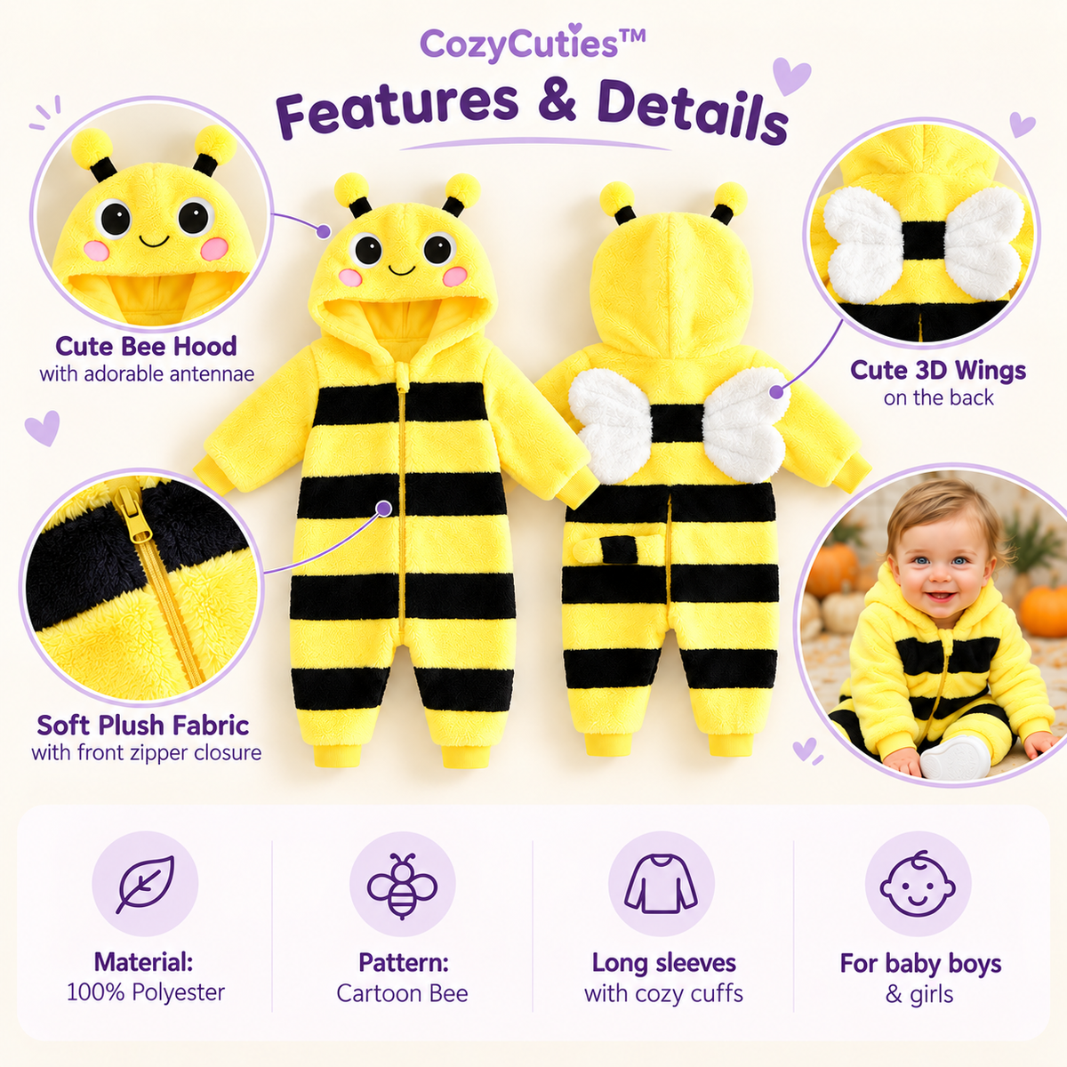 Baby bee costume – bumble bee plush hooded baby onesie — bee romper features: bee hood with antennae, 3D wings, soft plush, front zip