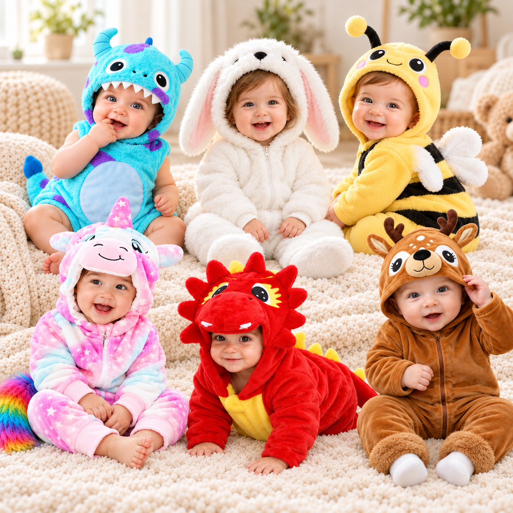 Baby bee costume – bumble bee plush hooded baby onesie — six babies in the bee, dragon, unicorn, monster, bunny and deer rompers