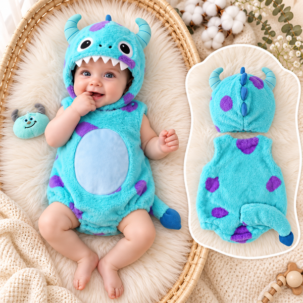 Solis Plushie Romper Blue Monster — baby wearing the blue monster plush hooded romper