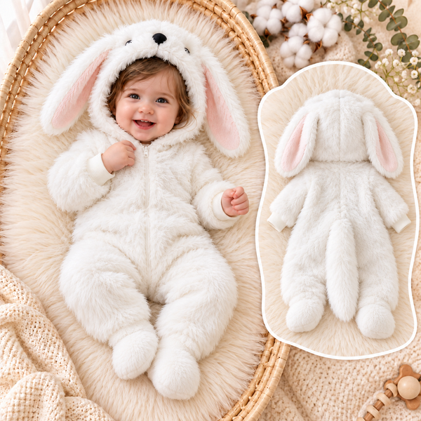 Solis Plushie Romper Bunny — baby wearing the bunny plush hooded romper