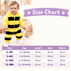 Solis Plushie Romper Bunny — size chart: 0–3, 3–6, 6–12 and 12–18 months with length, bust and sleeve