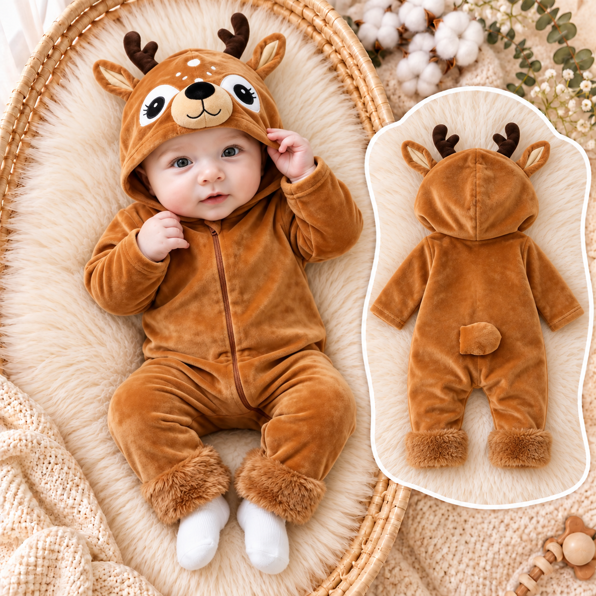 Solis Plushie Romper Little Deer — baby wearing the little deer plush hooded romper