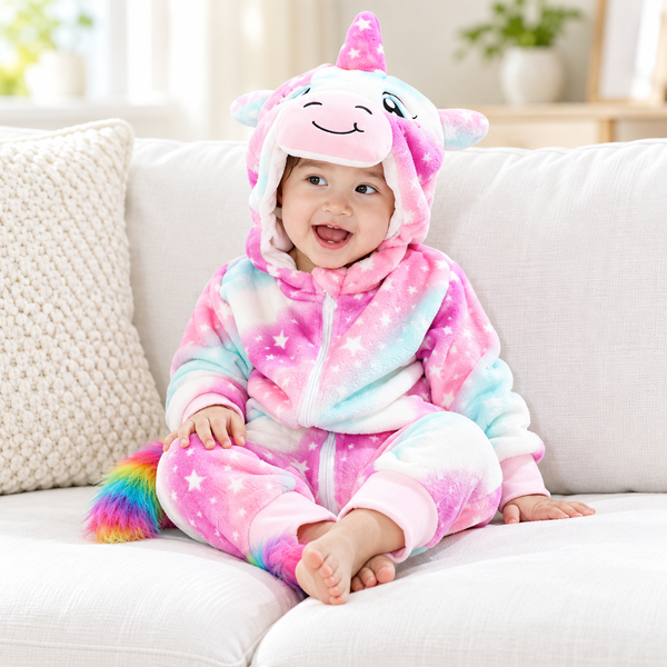 Solis Plushie Romper Pink Unicorn — baby wearing the pink unicorn plush hooded romper