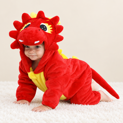 Solis Plushie Romper Red Dragon — baby wearing the red dragon plush hooded romper