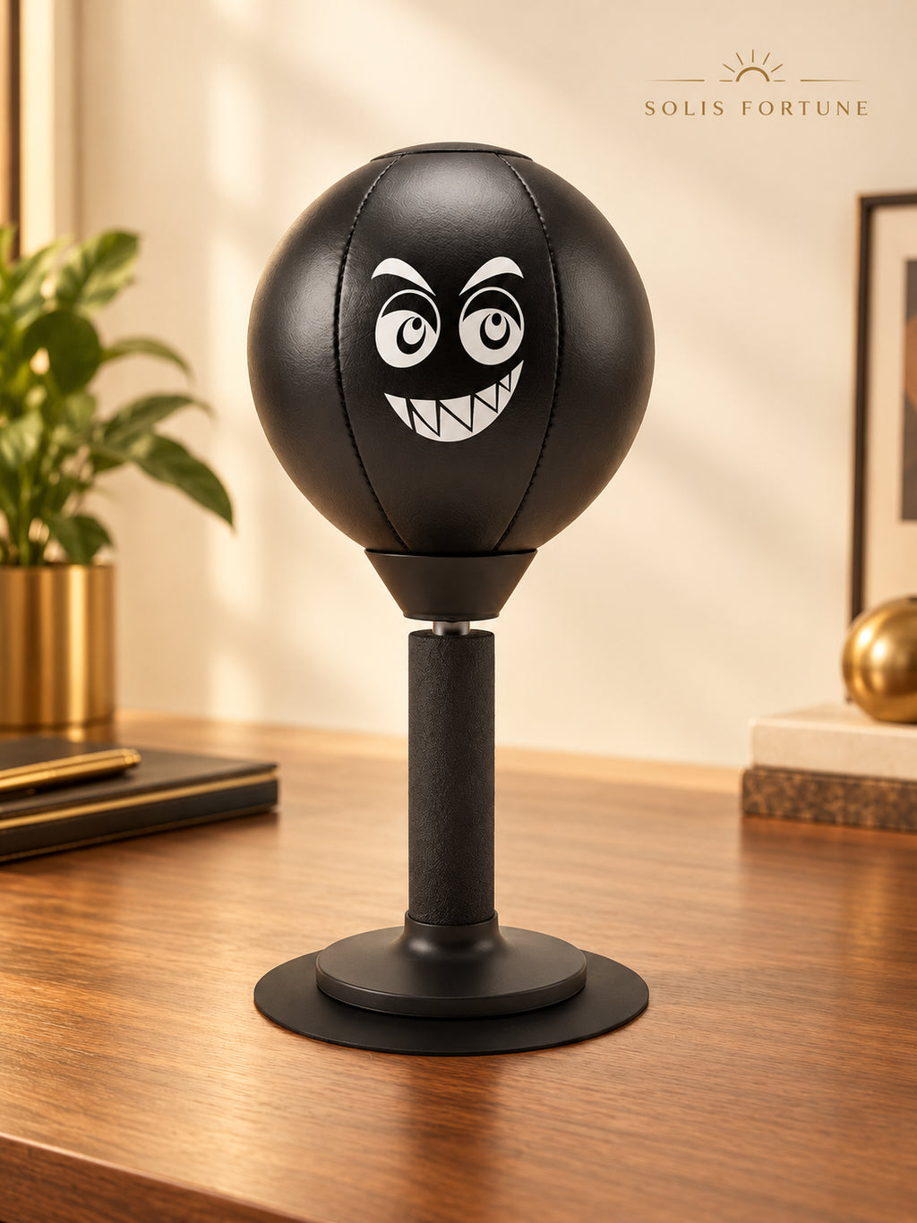 Solis Popjab — Black: desk punching ball with a grinning face on a suction base