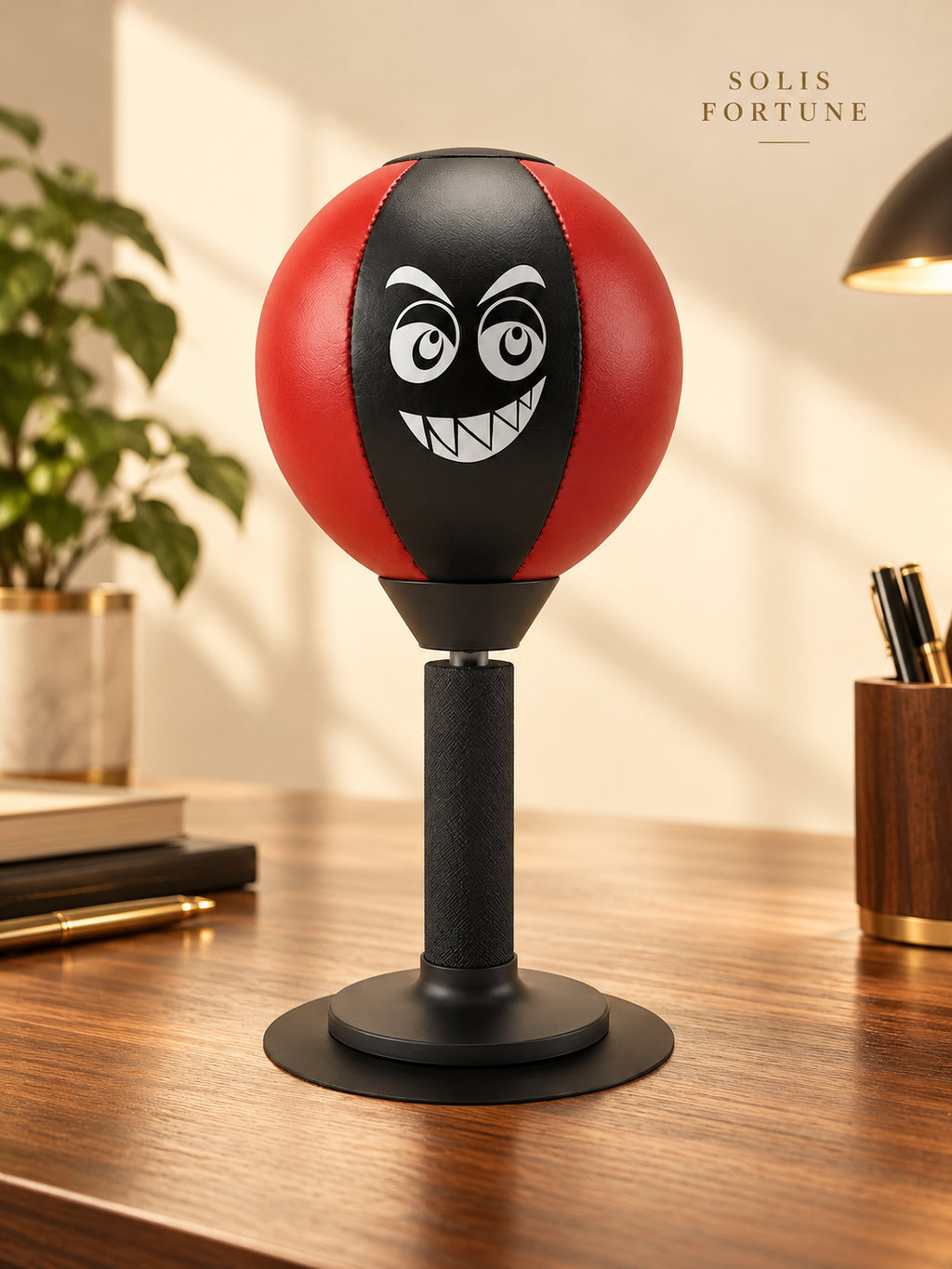Solis Popjab — Black-Red: desk punching ball in black and red with a grinning face