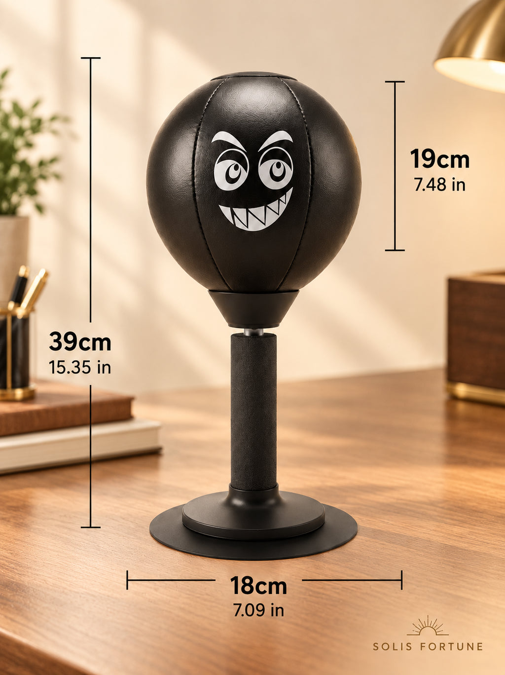 Solis Popjab — desk punching ball dimensions: 39 cm tall, 19 cm ball, 18 cm base