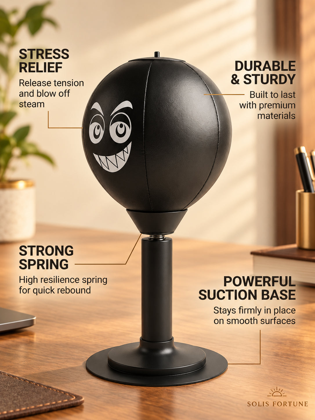 Solis Popjab — desk punching ball: stress relief, durable, strong spring, suction base
