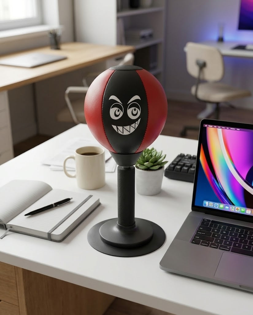 Solis Popjab — black and red desk punching ball on a home office desk