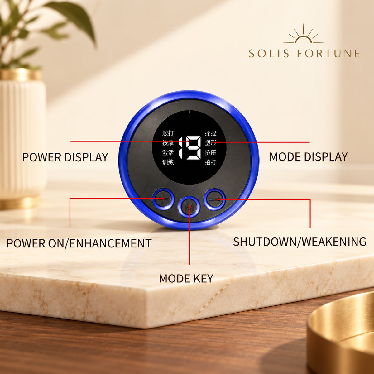 Solis Pulsewing — EMS massager buttons: plus, mode and minus, with the LED display