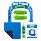 Solis Purr Cat Wash Station parts: arch, two side brush rollers, hanging brush, non-slip mat and assembly guide