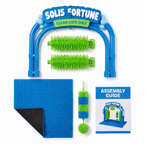 Solis Purr Cat Wash Station parts: arch, two side brush rollers, hanging brush, non-slip mat and assembly guide
