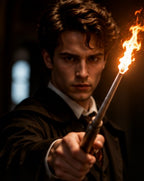 Harry Potter style fire shooting wand — Harry Potter style wand by Solis Pyra shooting a burst of flame, held by a man