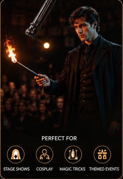 Magician performing on stage with the Solis Pyra fire shooting wand