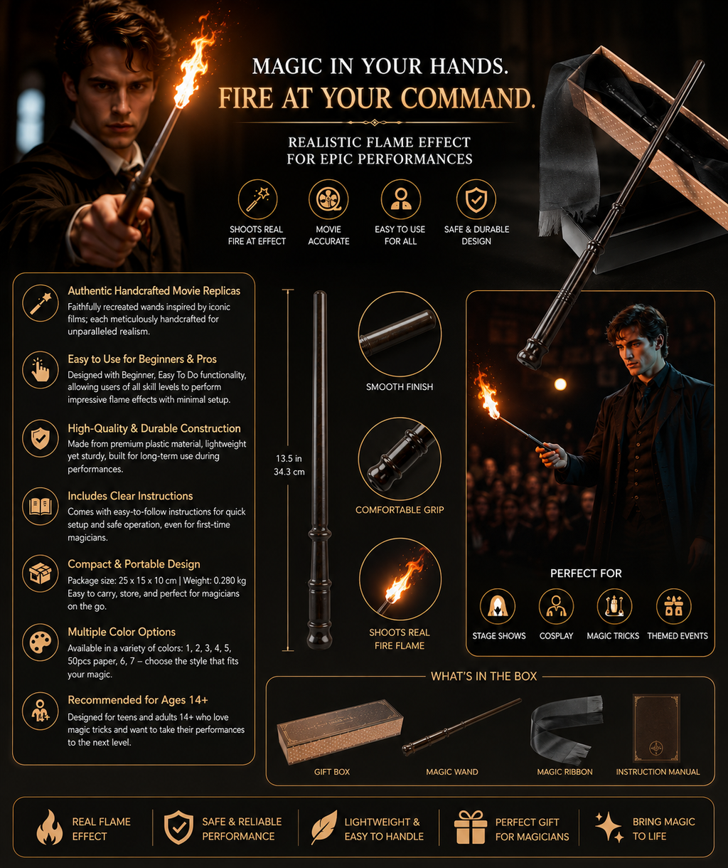Harry Potter style fire shooting wand — Solis Pyra fire wand overview: flame effect, details, box contents, ages 14+