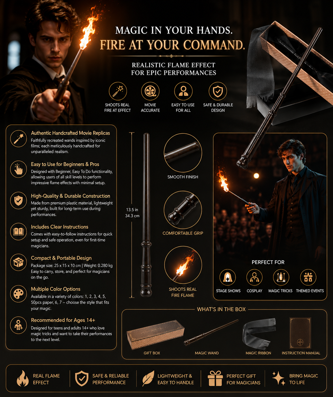 Harry Potter style fire shooting wand — Solis Pyra fire wand overview: flame effect, details, box contents, ages 14+