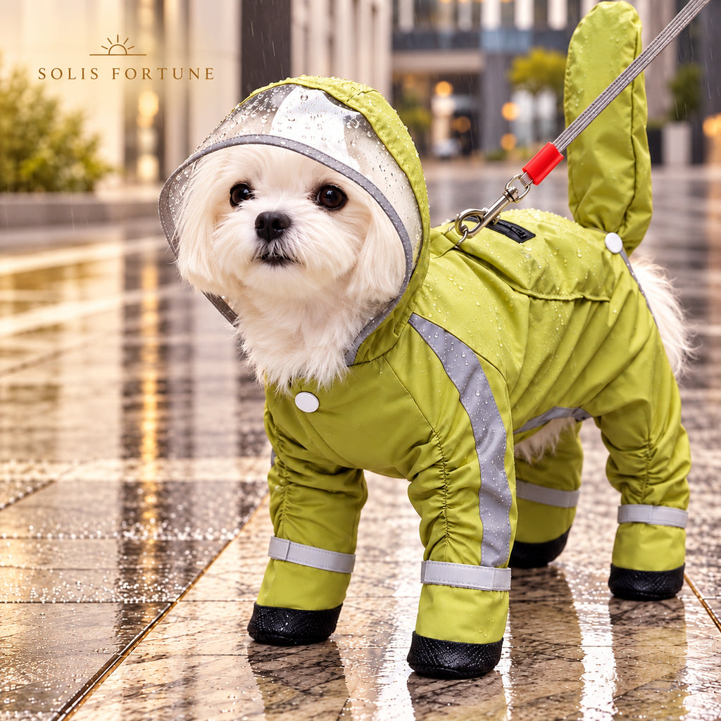 Solis Rainpup — Maltese in the olive green full-body dog raincoat with clear hood on a rainy street