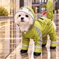 Solis Rainpup — Maltese in the olive green full-body dog raincoat with clear hood on a rainy street
