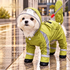 Solis Rainpup — Maltese in the olive green full-body dog raincoat with clear hood on a rainy street