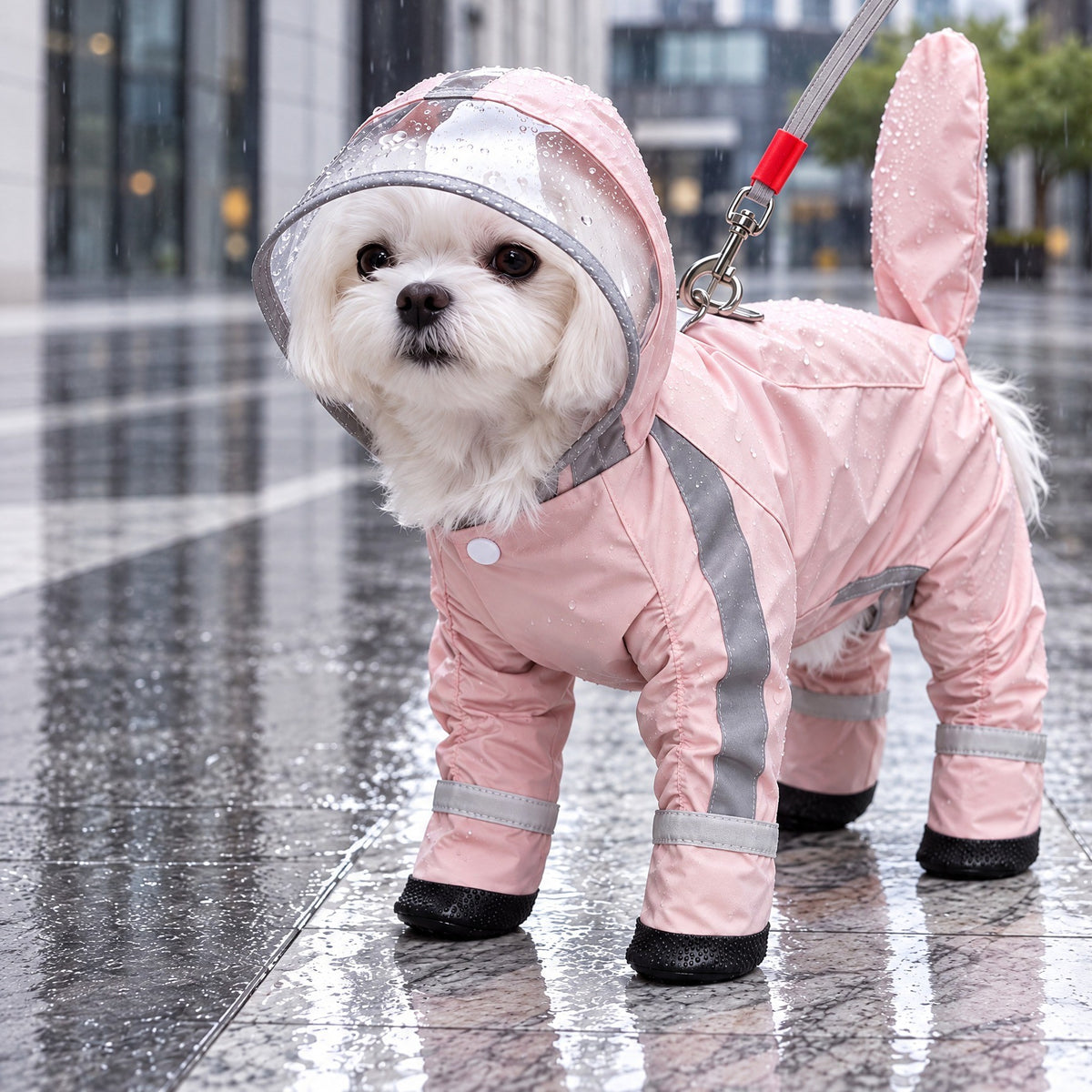 Solis Rainpup — Maltese in the blush pink full-body dog raincoat with clear hood and tail cover