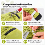Solis Rainpup — details: leash opening, velcro cuffs, zip pocket, snap chest closure