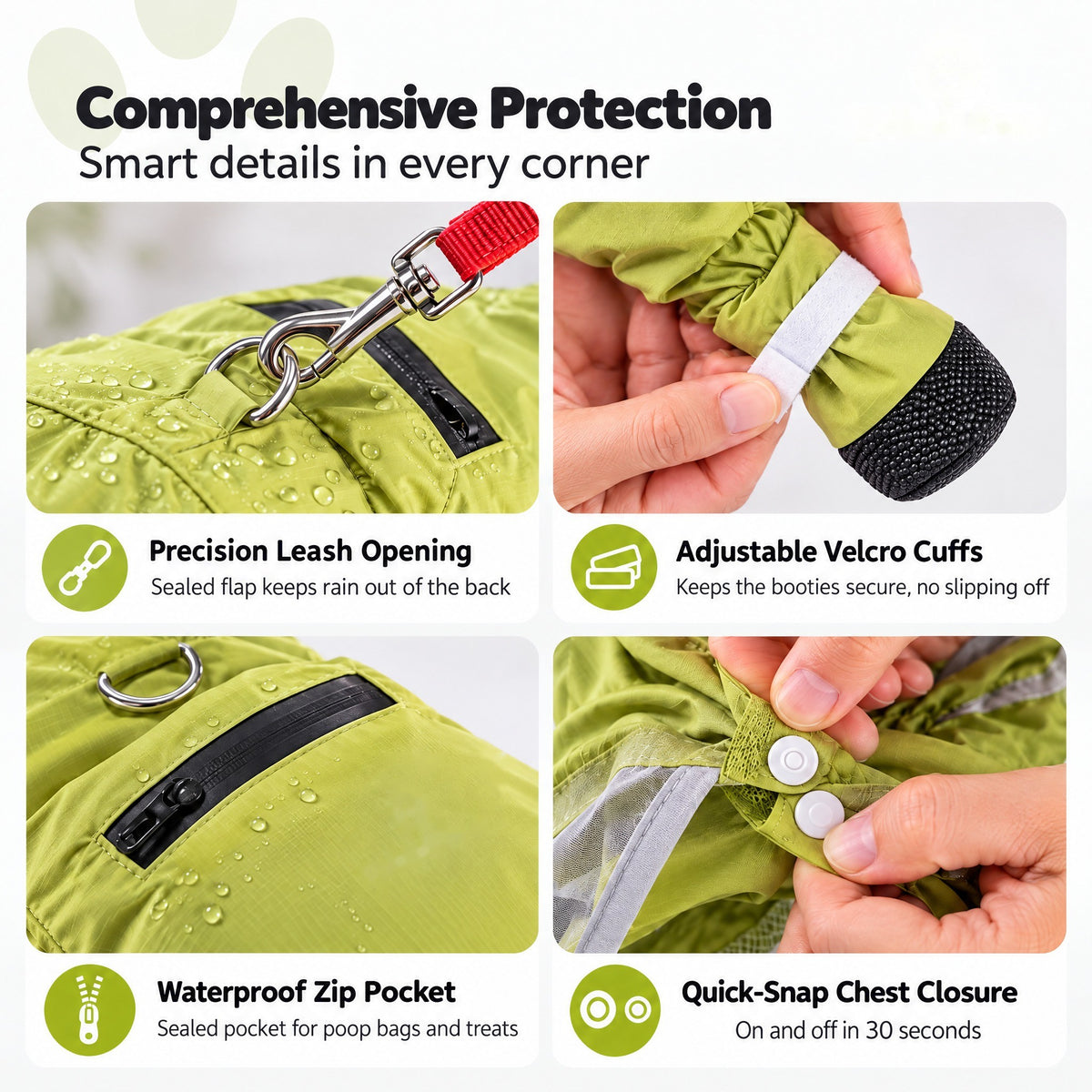 Solis Rainpup — details: leash opening, velcro cuffs, zip pocket, snap chest closure